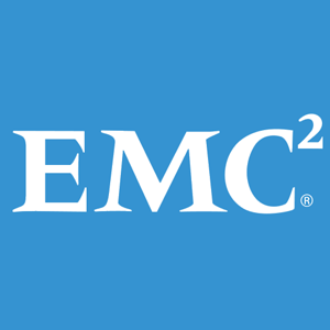EMC2 logo in white color with a blue background